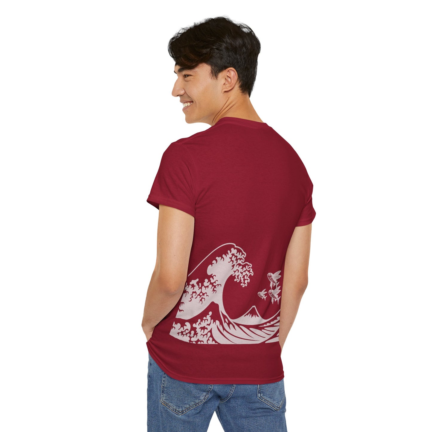 Photo of Flying Fish & Great Wave T-shirt Back Side – Japanese-Inspired Design from IROHA-STUDIO