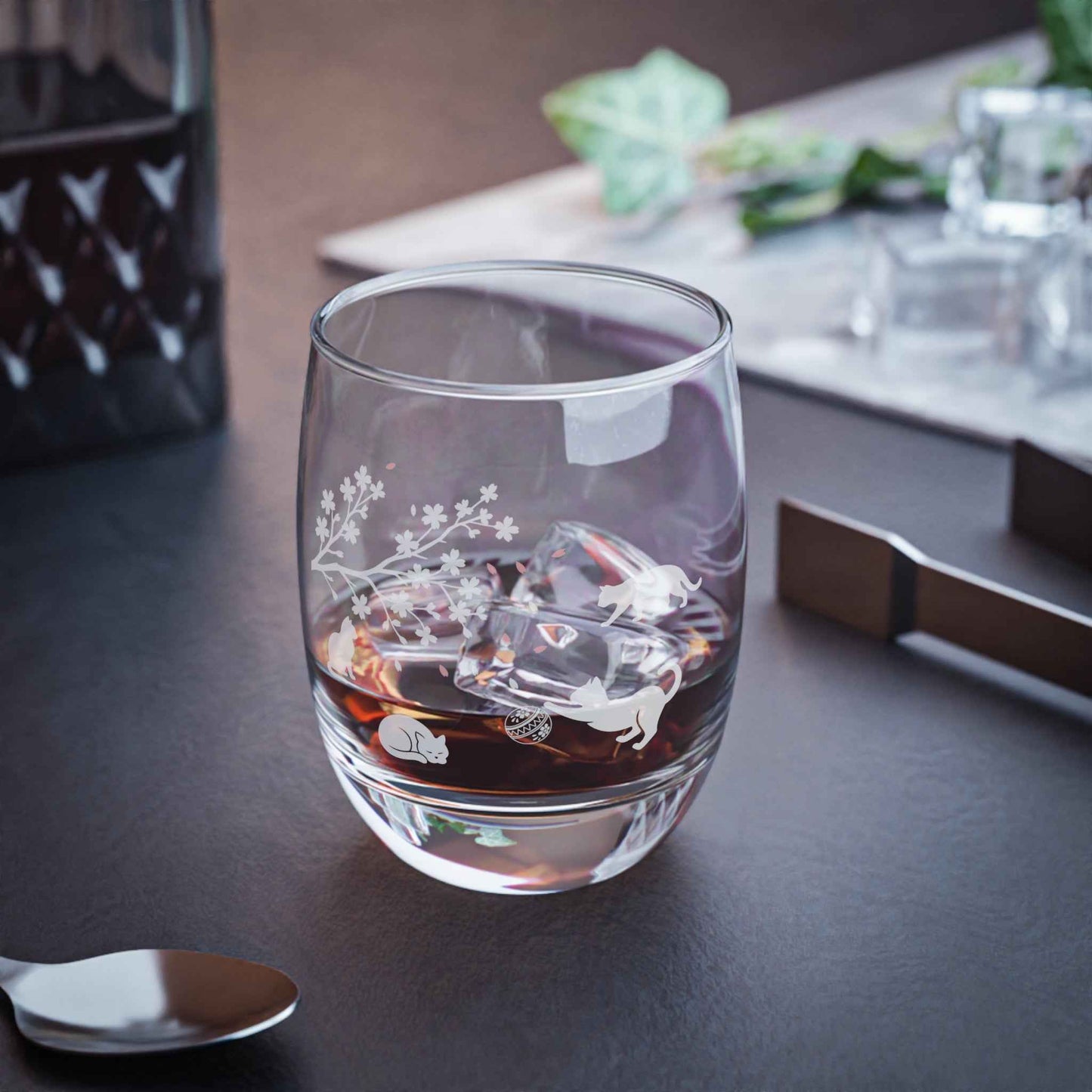 Whiskey Glass with Cat and Cherry Blossoms by IROHA studio