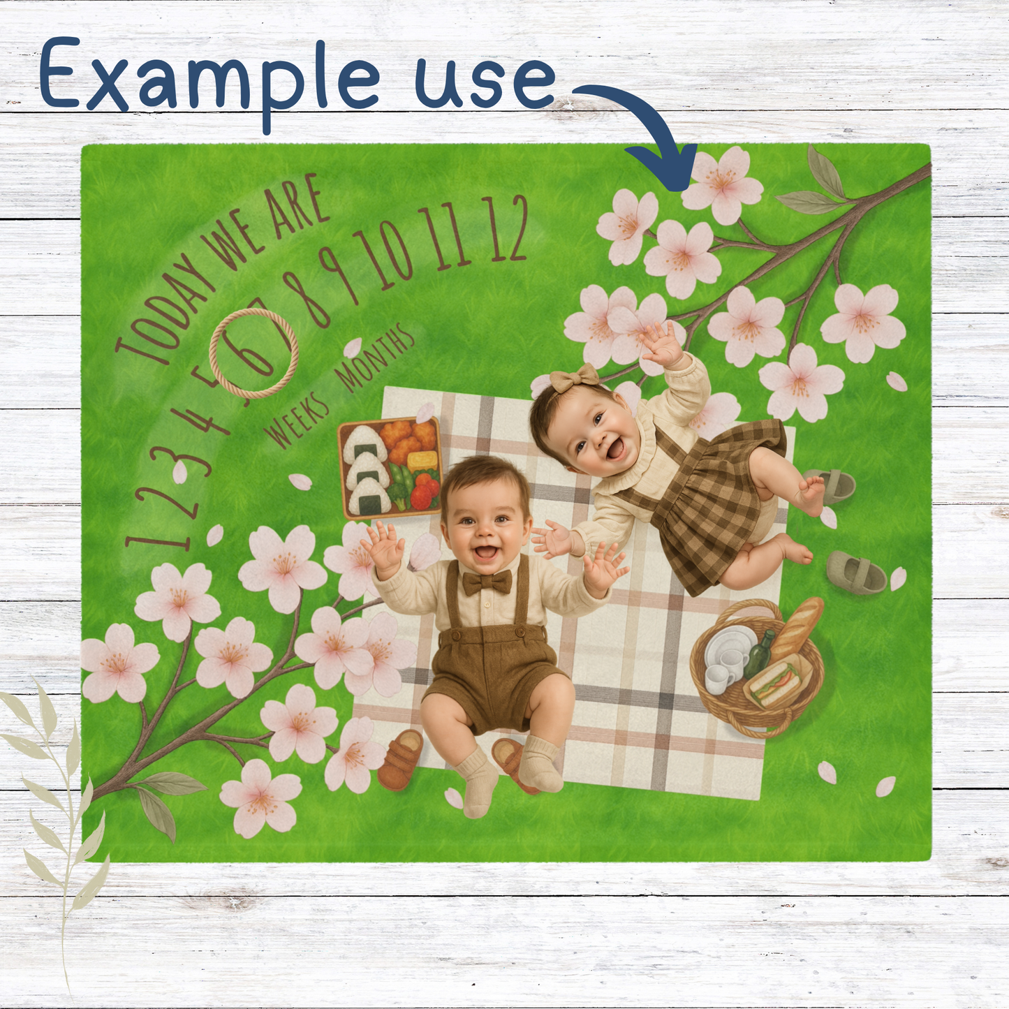 “Twin baby milestone blanket with picnic and cherry blossom design, sherpa fleece backing, featuring double number rows for weeks and months tracking. Perfect for twin baby monthly photos.”