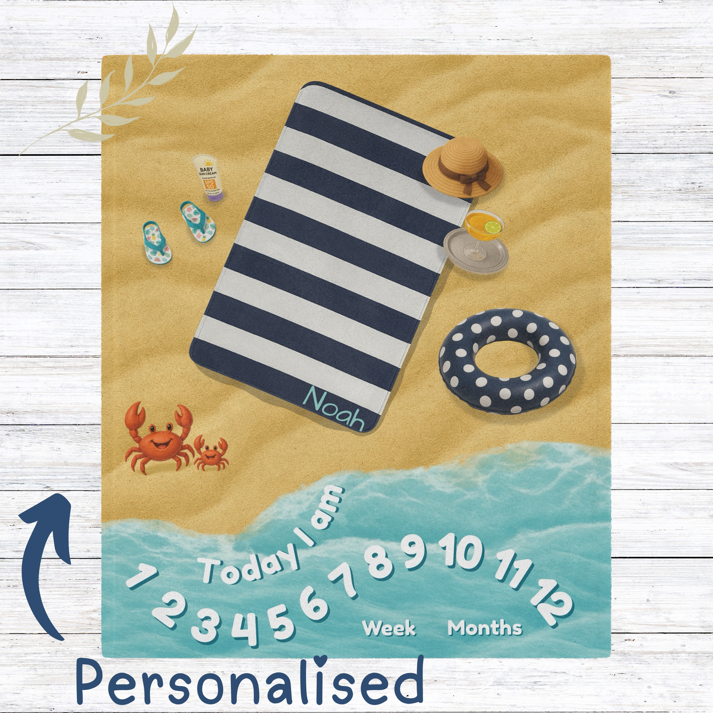 “Beach-themed baby milestone blanket with navy striped towel, polka dot float, playful crab illustrations, and sherpa fleece backing. Perfect for summer baby photos and monthly milestone tracking.”