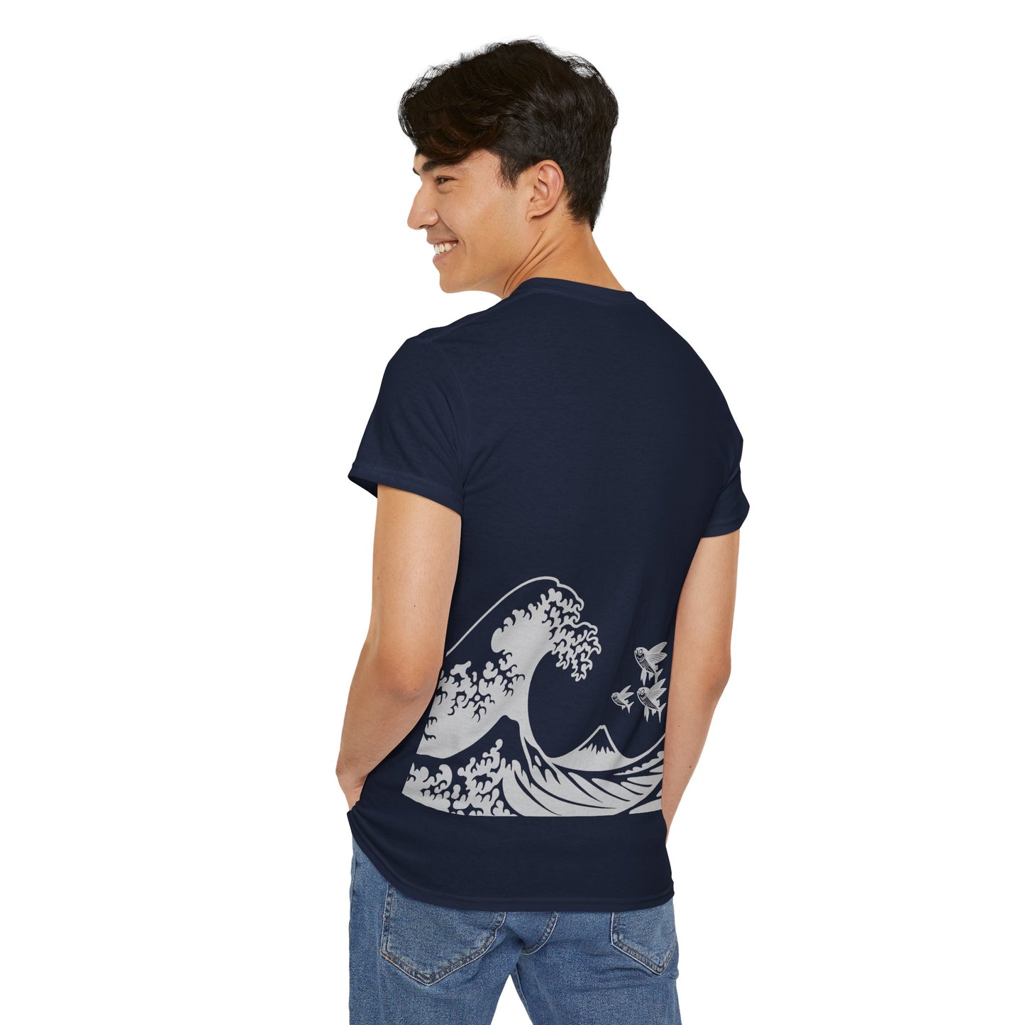 Photo of Flying Fish & Great Wave T-shirt Back Side – Japanese-Inspired Design from IROHA-STUDIO