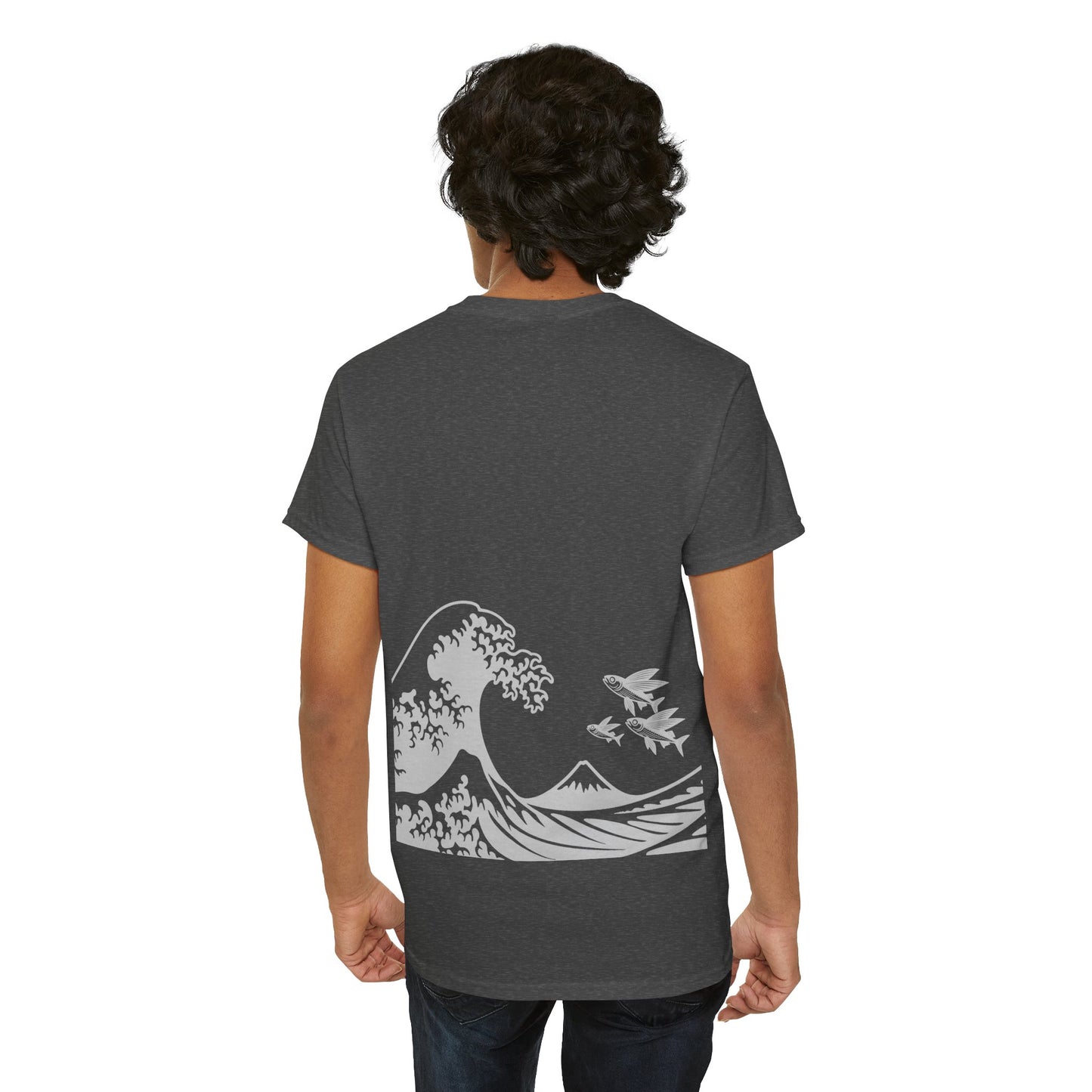 Photo of Flying Fish & Great Wave T-shirt Back – Japanese-Inspired Design from IROHA-STUDIO