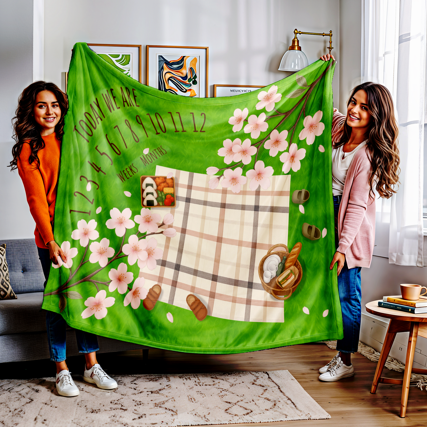 “Twin baby milestone blanket with picnic and cherry blossom design, sherpa fleece backing, featuring double number rows for weeks and months tracking. Perfect for twin baby monthly photos.”