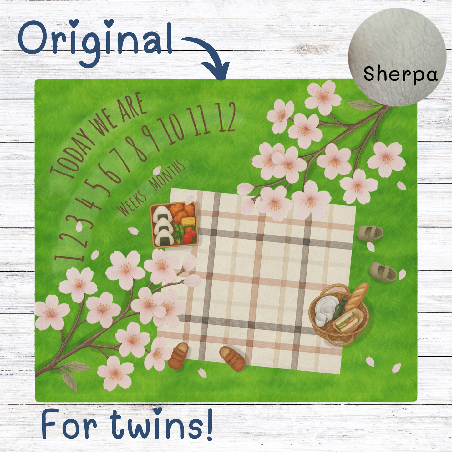 “Twin baby milestone blanket with picnic and cherry blossom design, sherpa fleece backing, featuring double number rows for weeks and months tracking. Perfect for twin baby monthly photos.”