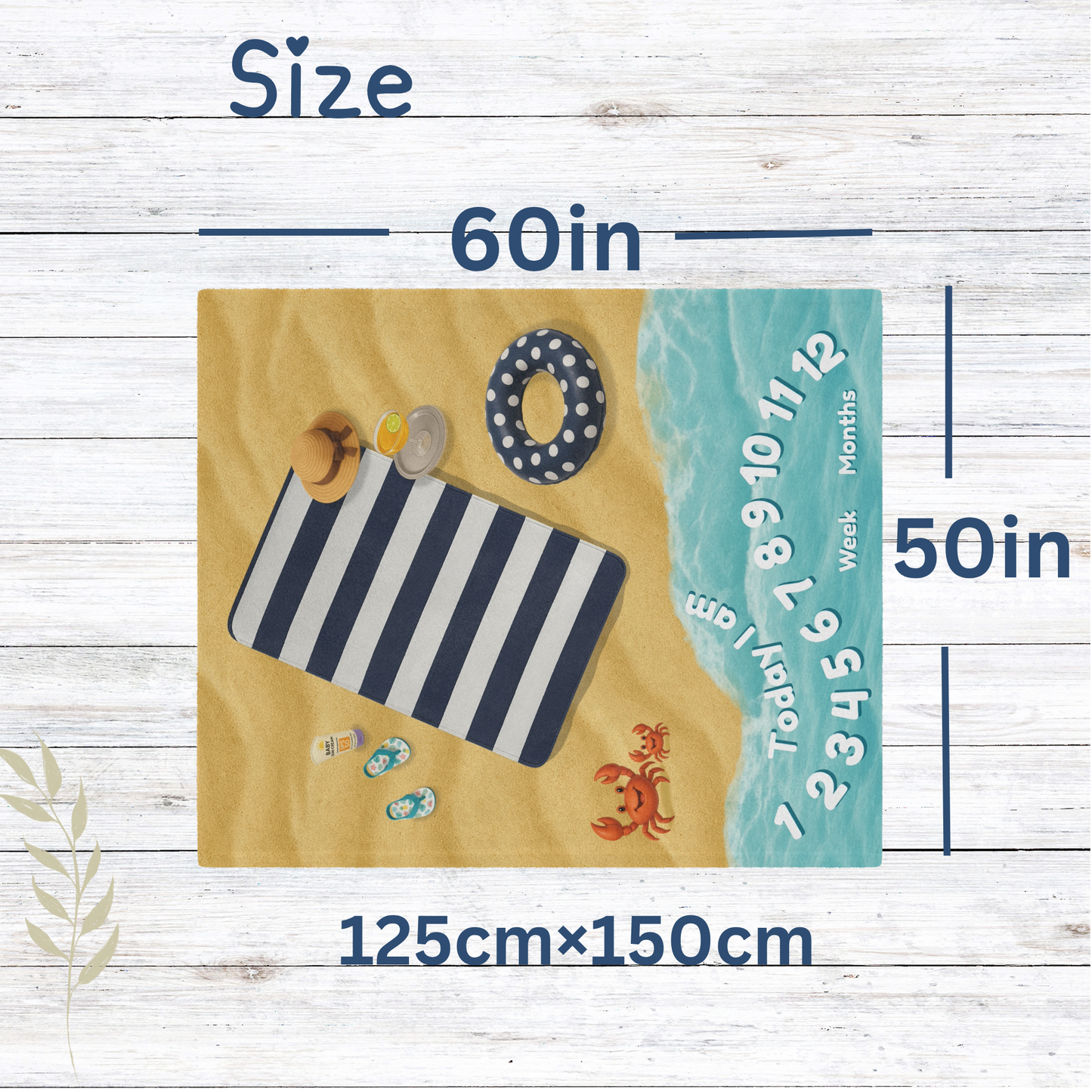 “Beach-themed baby milestone blanket with navy striped towel, polka dot float, playful crab illustrations, and sherpa fleece backing. Perfect for summer baby photos and monthly milestone tracking.”