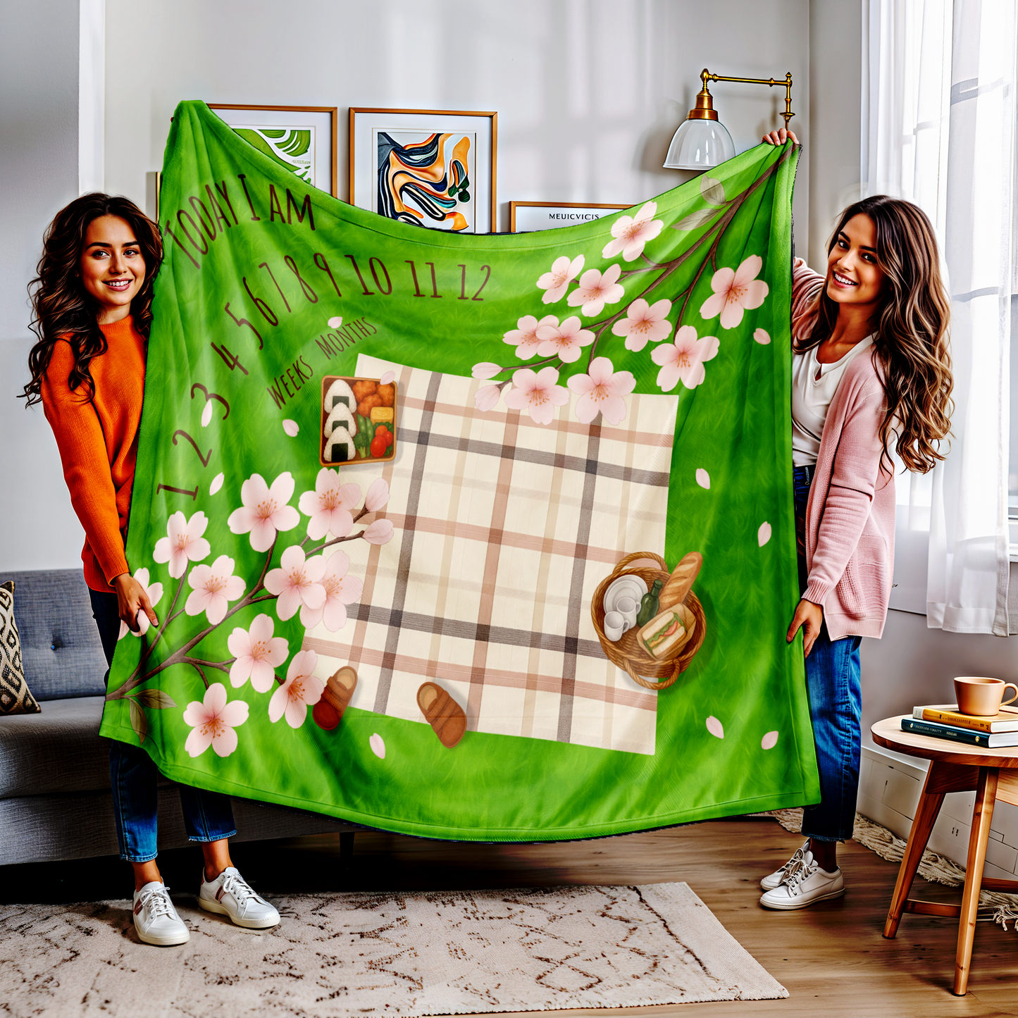“Cherry blossom picnic milestone blanket for twins, soft sherpa baby photo backdrop with numbers for weeks and months, perfect for spring newborn photography and baby shower gifts.”