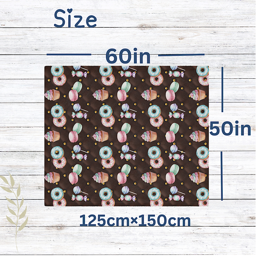 Chocolate colour throw blanket with donut pattern and measurements on a wooden background