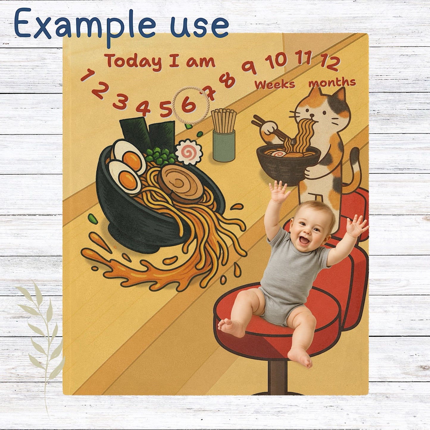 Photo of Personalised Baby Milestone Blanket - Cute Cat Ramen Design (With Name) from IROHA - STUDIO