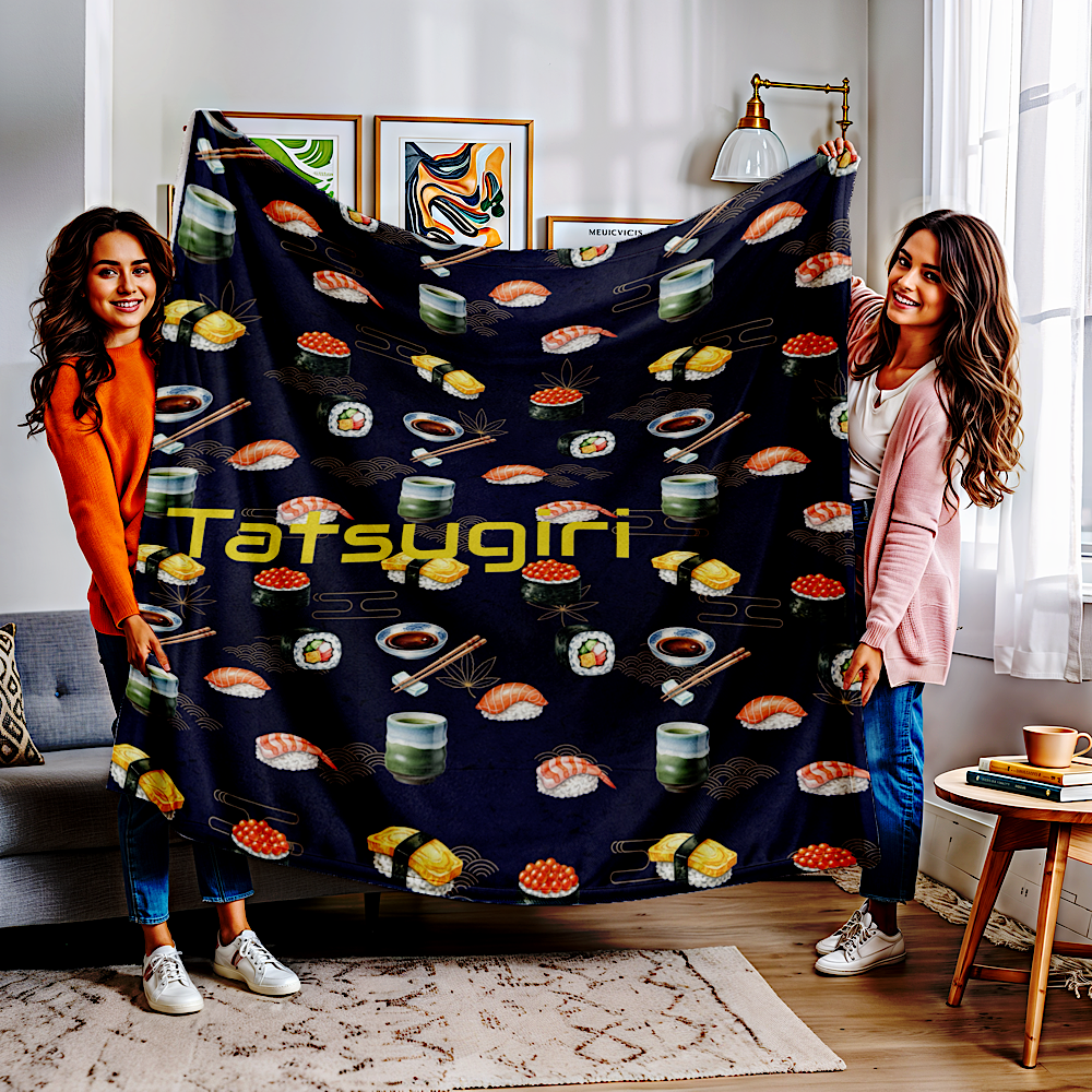 Two women holding a personalised throw blanket with sushi design in a living room.