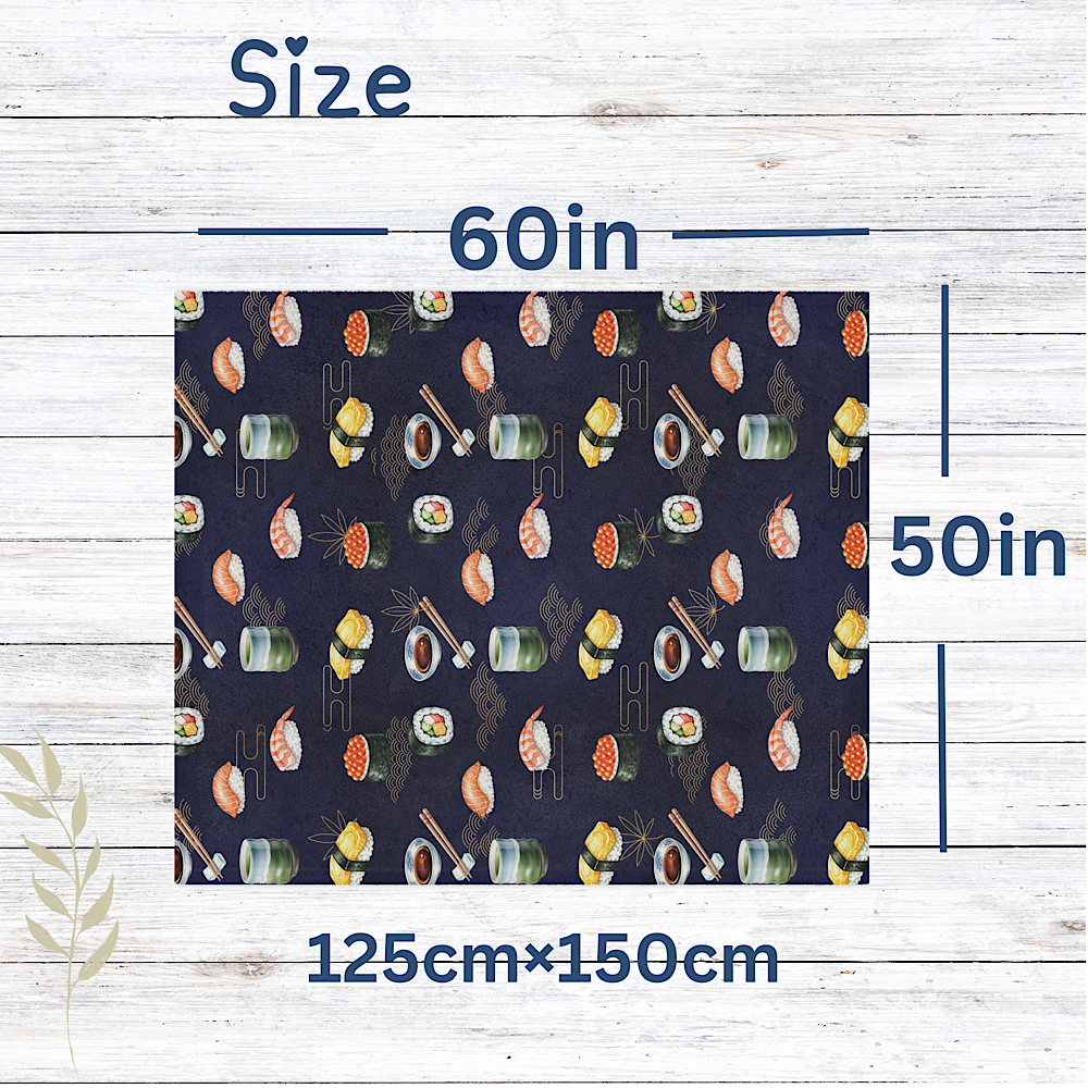 Throw blanket with sushi pattern and measurements on a wooden background