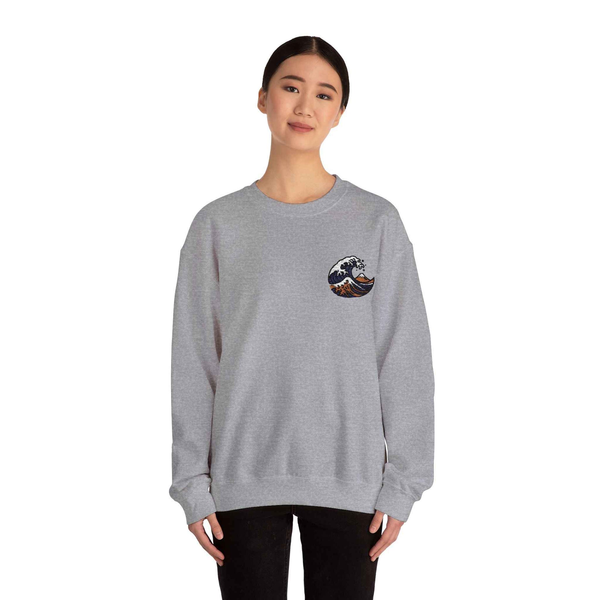 Great Wave Embroidery Sweatshirt - Japanese Hokusai Art by IROHA studio