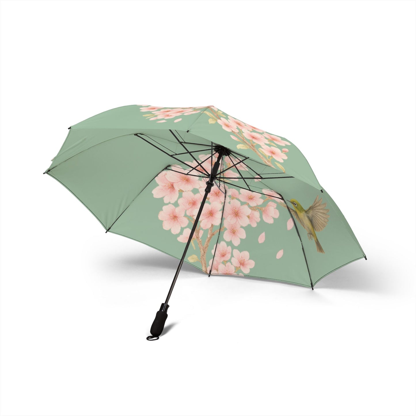 Photo of Blossom Grace Folding Umbrella (green) Cherry Blossoms and Japanese Bird Lightweight and Elegant from IROHA-STUDIO