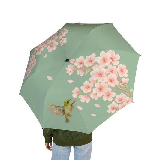 Blossom Grace  Folding Umbrella (green) Cherry Blossoms and Japanese White-Eye  Lightweight and Elegant