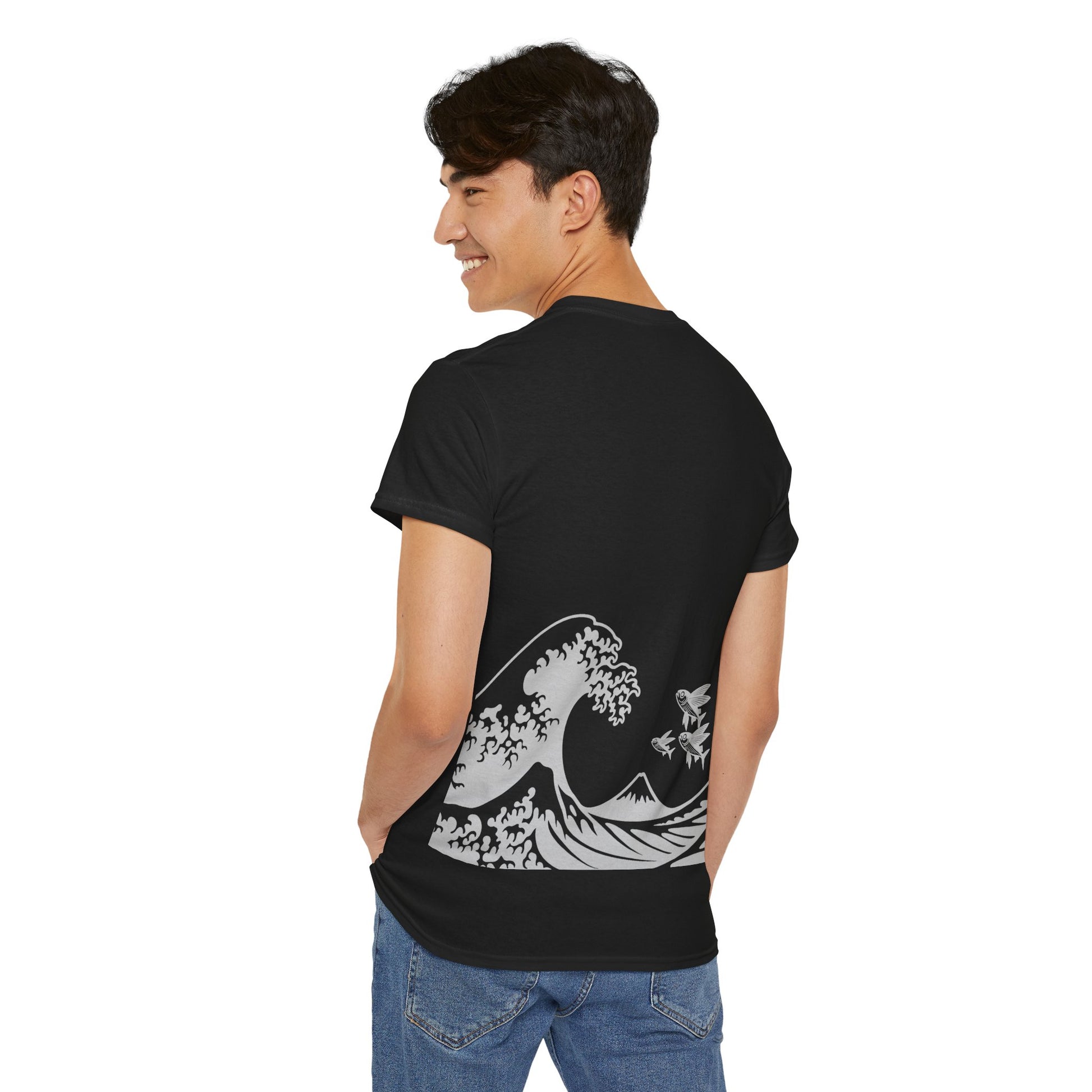 Photo of Flying Fish & Great Wave T-shirt Back Side– Japanese-Inspired Design from IROHA-STUDIO