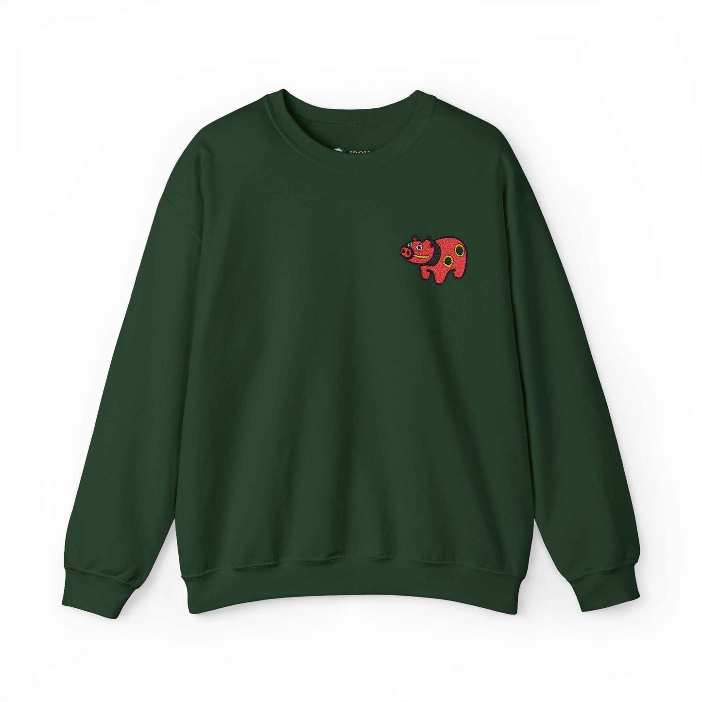 Akabeko Embroidery Sweatshirt - Japanese Lucky Cow Forest Green by IROHA studio