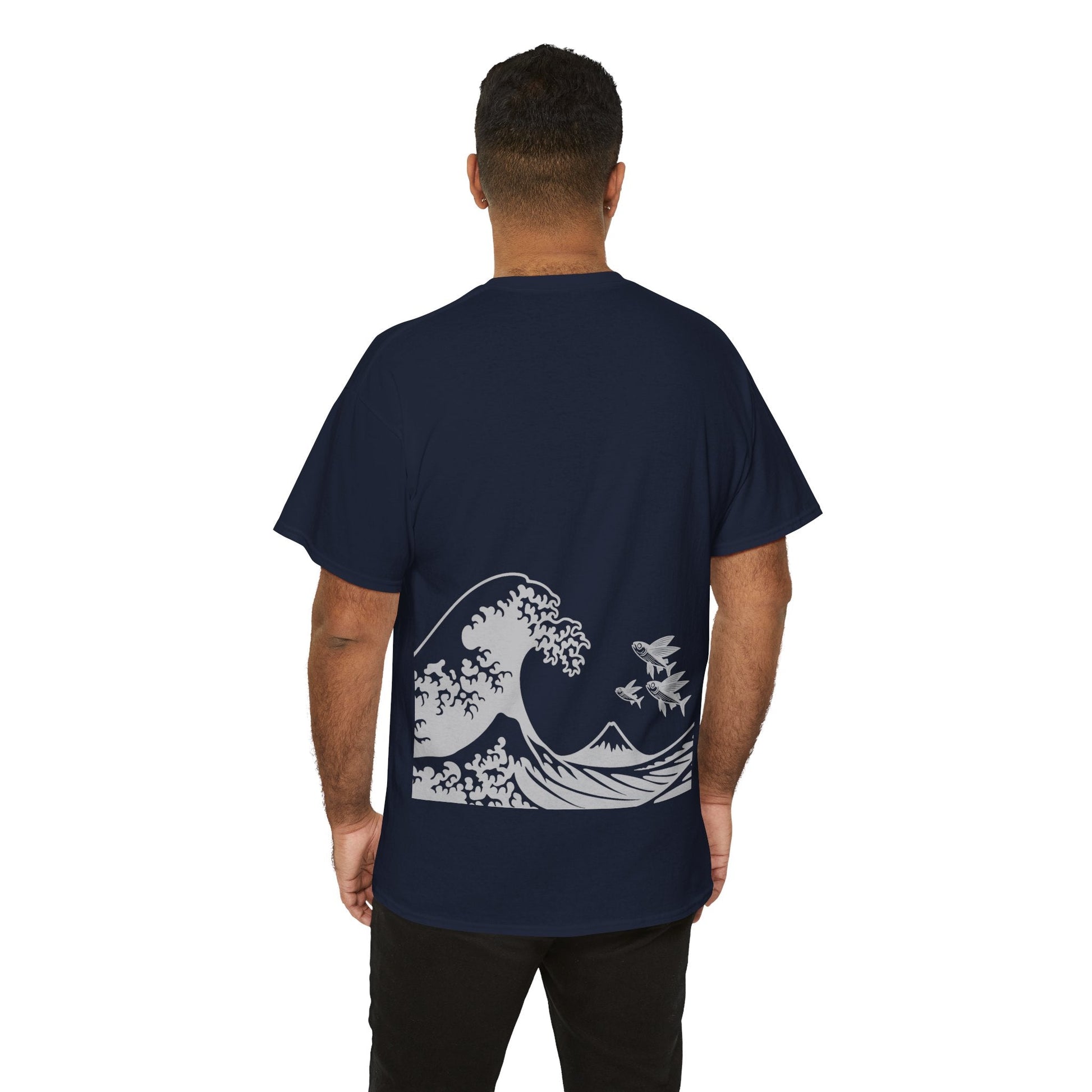 Photo of Flying Fish & Great Wave T-shirt Back – Japanese-Inspired Design from IROHA-STUDIO