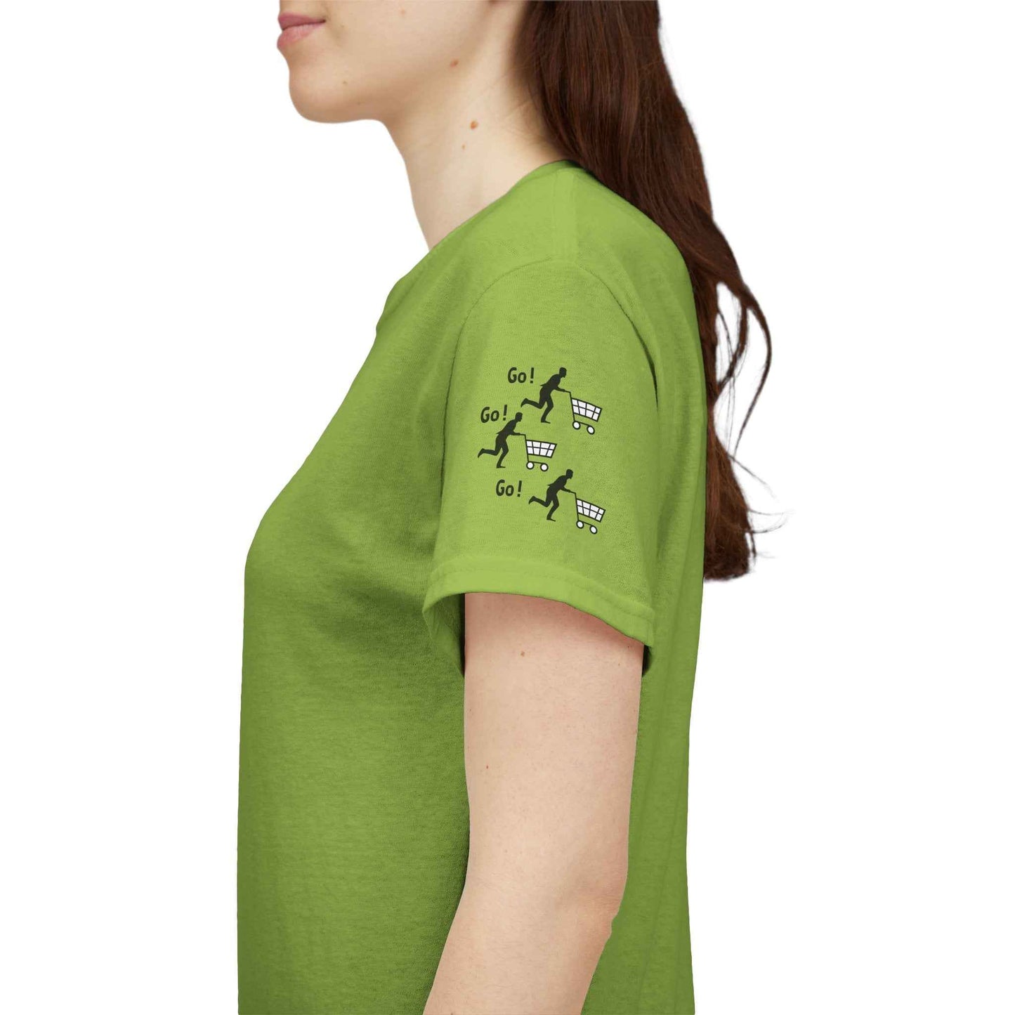 Shopping Spree Champion T-Shirt Bold Japanese Slogan with Cart Sleeve Design by IROHA studio