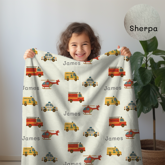 Personalised Emergency Vehicles Baby Blanket (3 Colour options)- Best Baby Gift