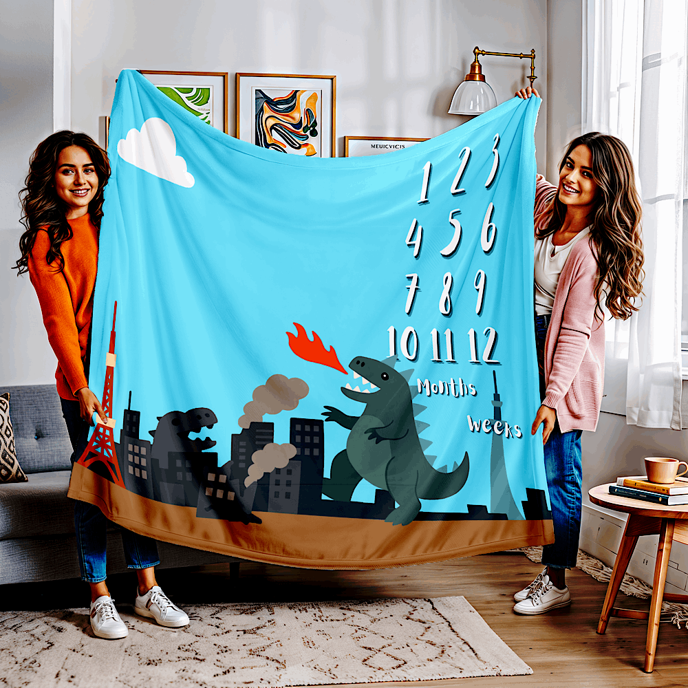 Baby Milestone Blanket Cute Kaiju Theme, Blue- Original (No Name) by IROHA-studio