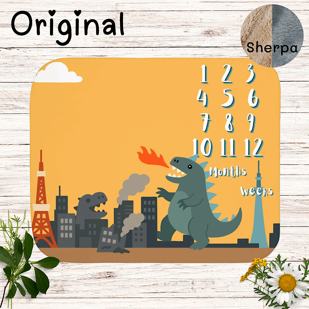Baby Milestone Blanket – Cute Kaiju Theme, Yellow - Original (No Name) 50" × 60" by IROHA-studio