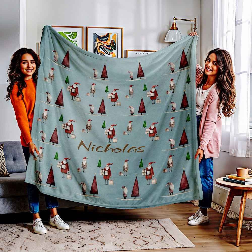 Personalised Christmas Throw Blanket (Blue) – Festive Santa & Tree Pattern 50" × 60" White by IROHA-studio