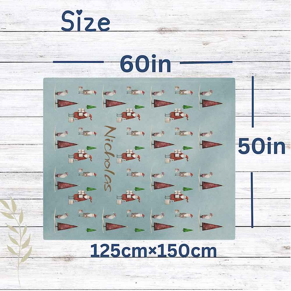 Personalised Christmas Throw Blanket (Blue) – Festive Santa & Tree Pattern by IROHA-studio