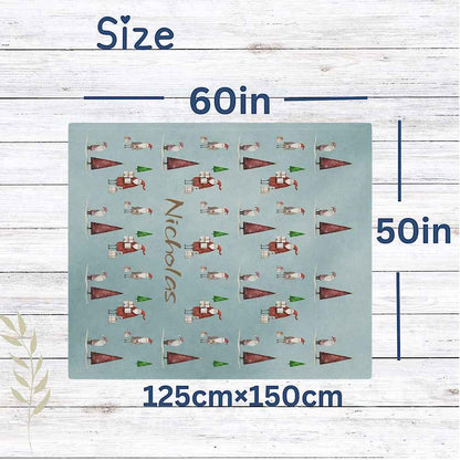 Personalised Christmas Throw Blanket (Blue) – Festive Santa & Tree Pattern by IROHA-studio