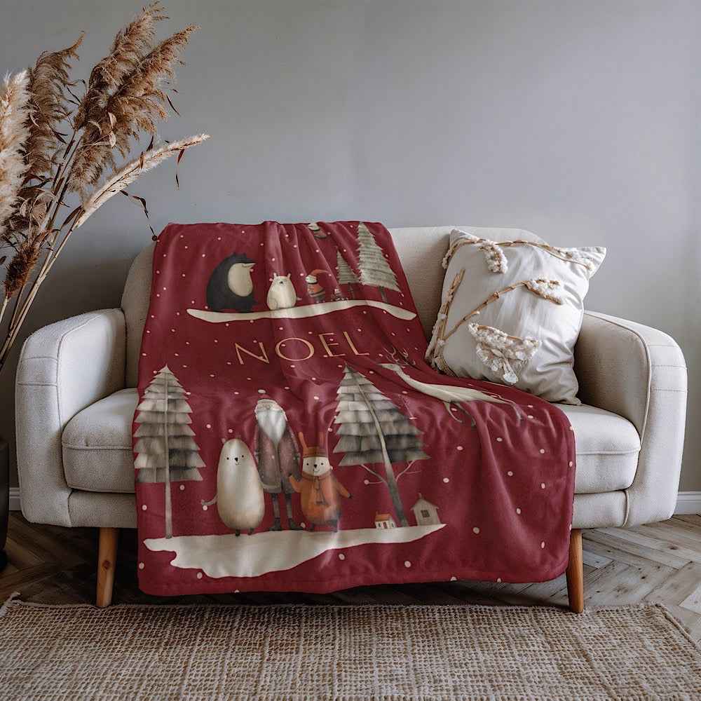 Personalised Christmas Throw Blanket (Red) – Nordic Noel Woodland Design by IROHA-studio