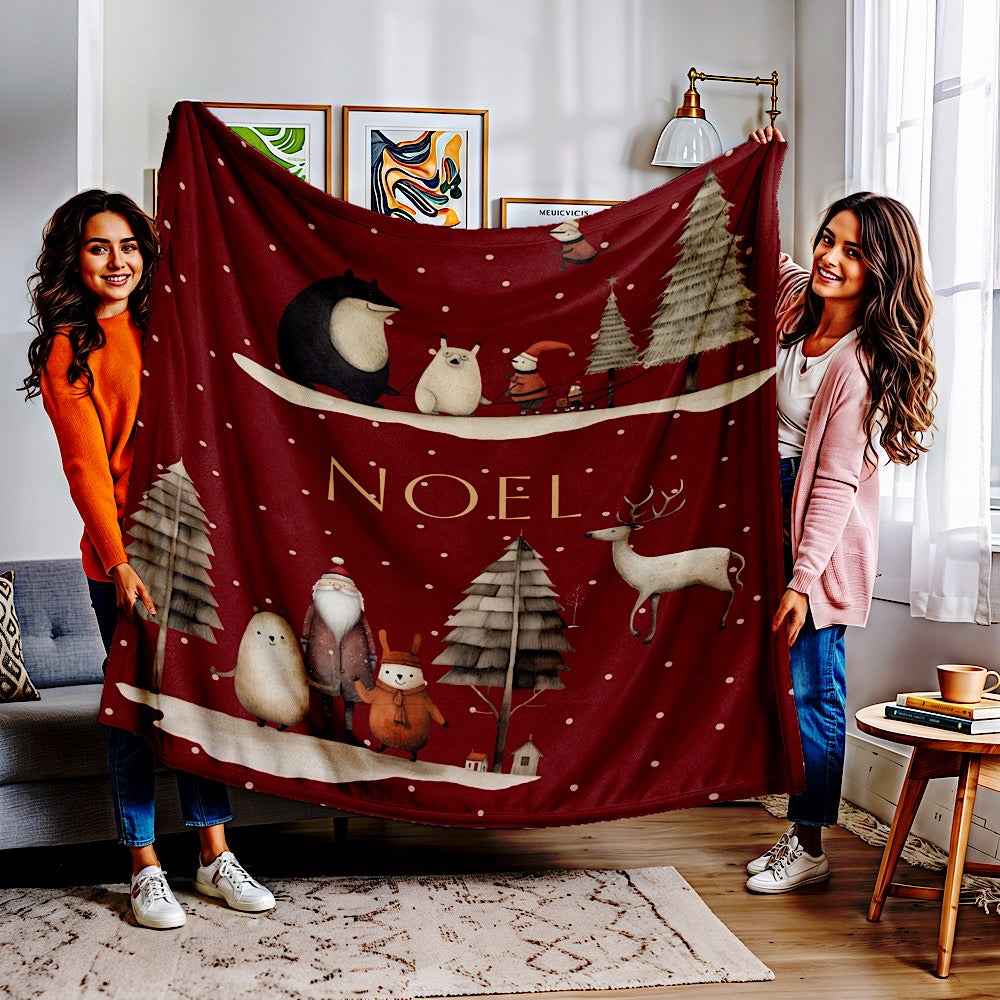 Personalised Christmas Throw Blanket (Red) – Nordic Noel Woodland Design 50" × 60" White by IROHA-studio