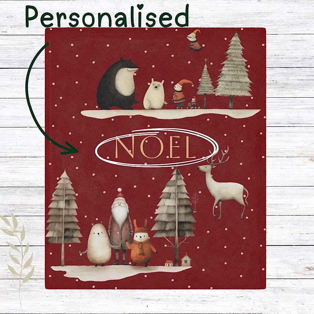 Personalised Christmas Throw Blanket (Red) – Nordic Noel Woodland Design by IROHA-studio