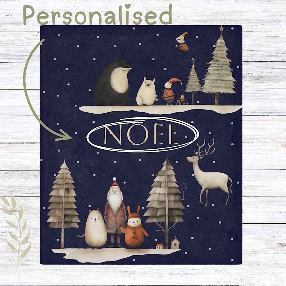 Personalised Christmas Throw Blanket (Navy) – Nordic Noel Woodland Design by IROHA-studio