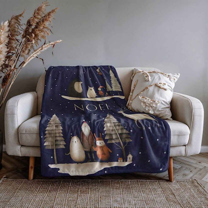 Personalised Christmas Throw Blanket (Navy) – Nordic Noel Woodland Design by IROHA-studio