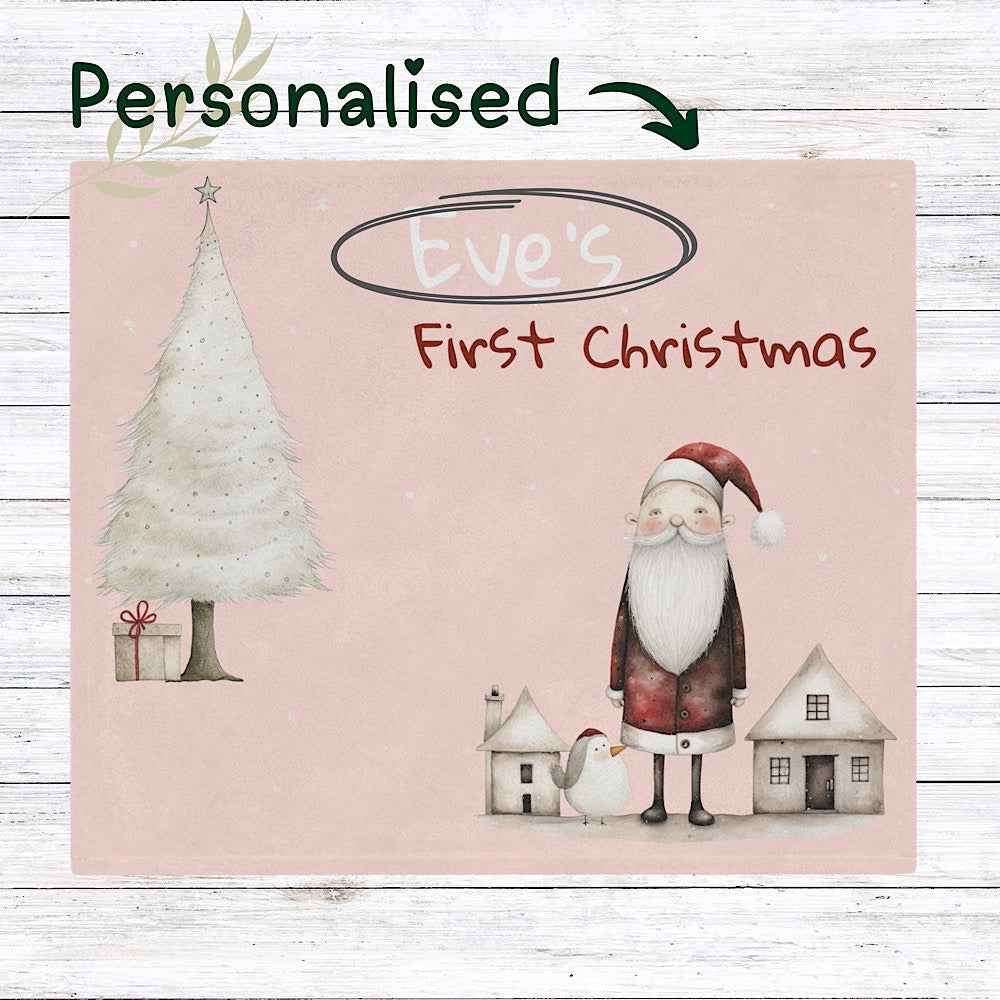 Personalised Baby’s First Christmas Blanket – Santa & Tree Photo Prop (Blush Pink) by IROHA-studio