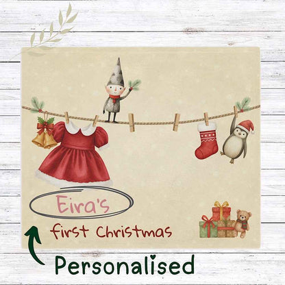 Personalised Baby’s First Christmas Blanket – Santa Dress Laundry Line Photo Prop by IROHA-studio