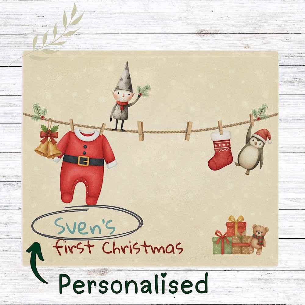 Personalised Baby’s First Christmas Blanket – Santa Outfit Laundry Line Photo Prop by IROHA-studio