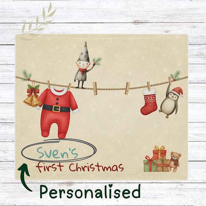 Personalised Baby’s First Christmas Blanket – Santa Outfit Laundry Line Photo Prop by IROHA-studio