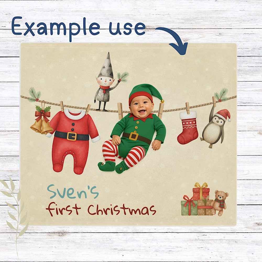 Personalised Baby’s First Christmas Blanket – Santa Outfit Laundry Line Photo Prop by IROHA-studio