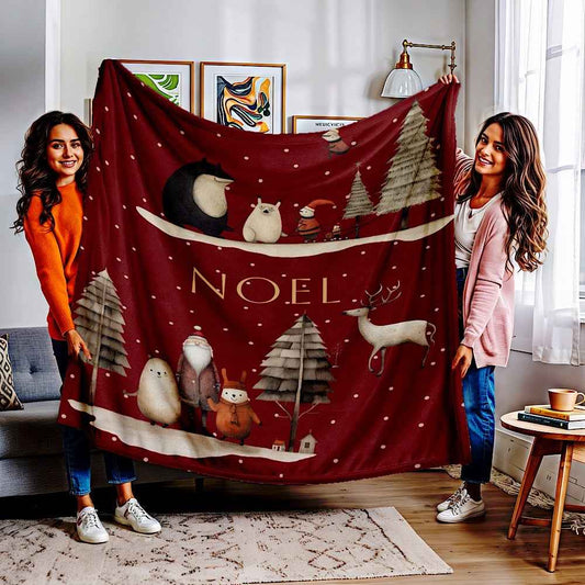 Personalized Christmas Throw Blanket (Red) – Nordic Noel Woodland Design 50" × 60" by IROHA-studio