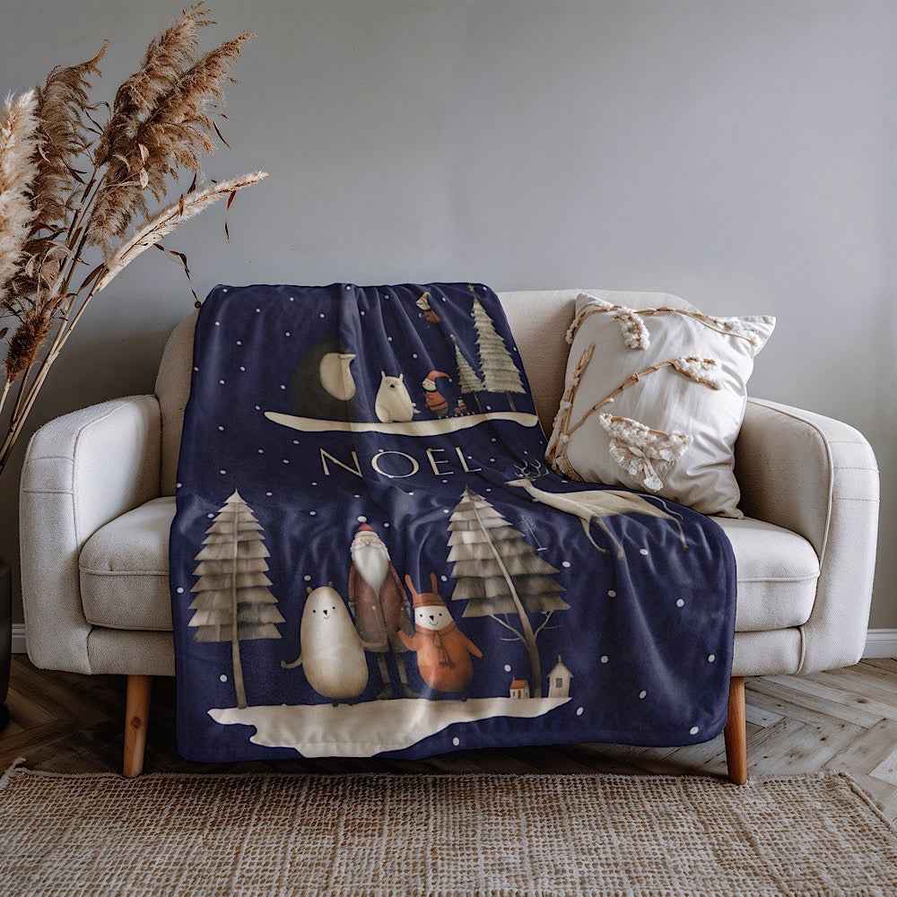 Personalized Christmas Throw Blanket (Navy)- Nordic Noel Winter Scene by IROHA-studio