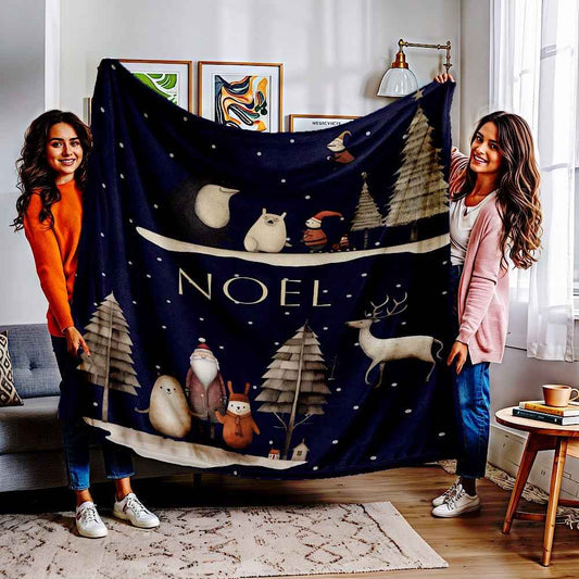 Personalized Christmas Throw Blanket (Navy)- Nordic Noel Winter Scene 50" × 60" by IROHA-studio