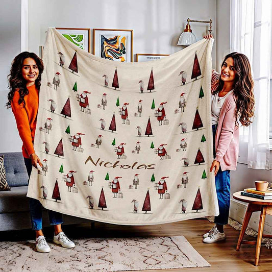 Personalized Christmas Throw Blanket (Ivory) – Festive Santa & Tree Pattern 50" × 60" by IROHA-studio