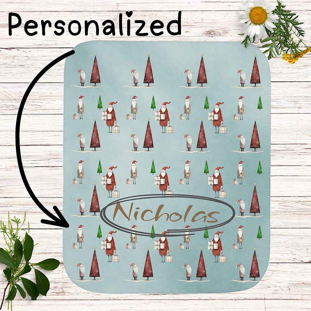Personalized Christmas Throw Blanket (Blue) – Festive Santa & Tree Pattern by IROHA-studio