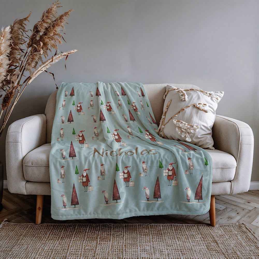 Personalized Christmas Throw Blanket (Blue) – Festive Santa & Tree Pattern by IROHA-studio
