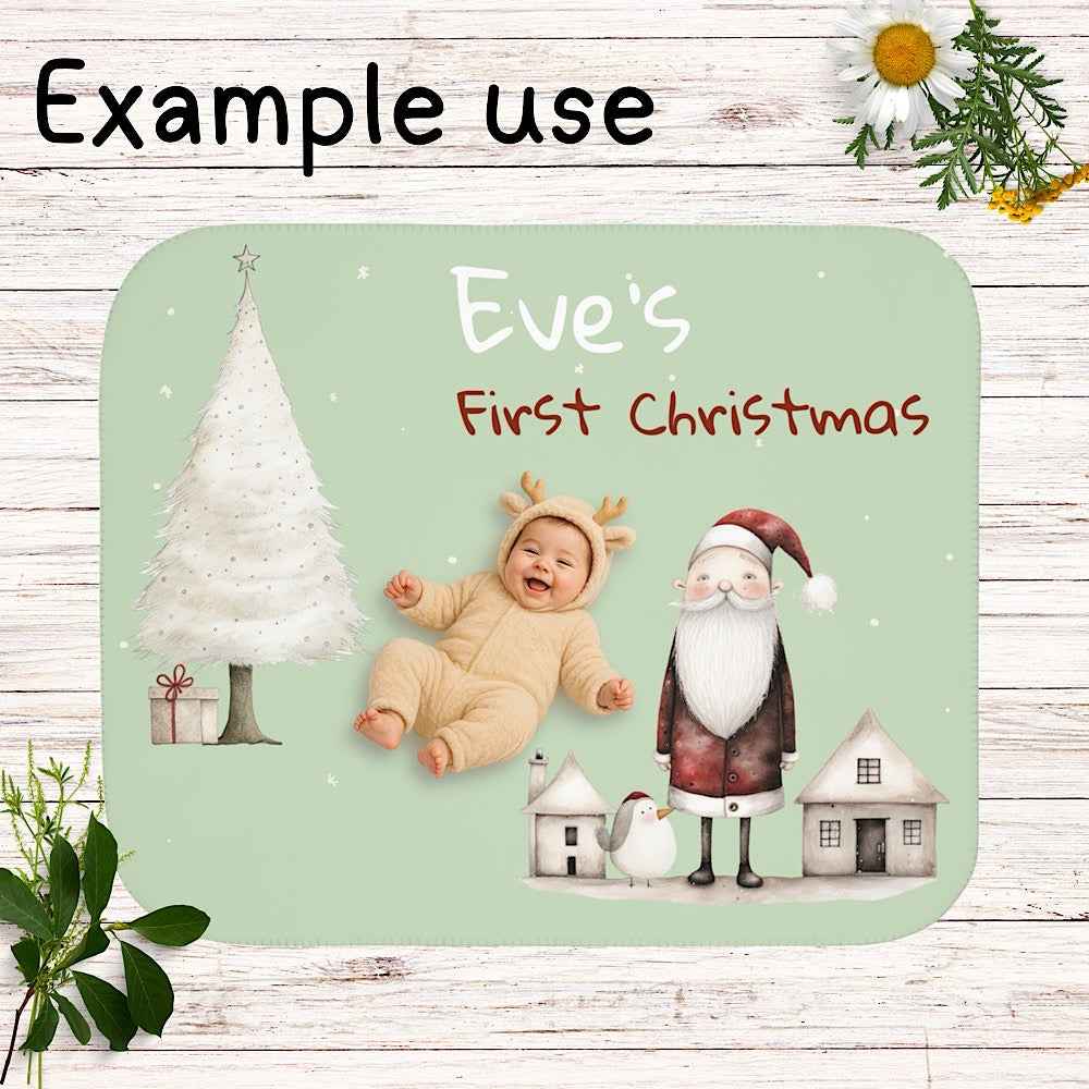 Personalized Baby’s First Christmas Blanket – Santa & Tree Photo Prop (Sage Green) by IROHA-studio