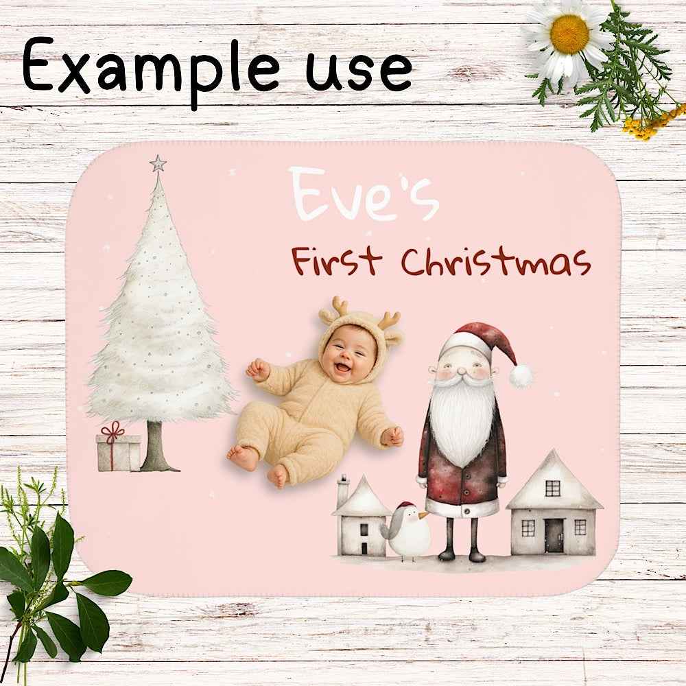 Personalized Baby’s First Christmas Blanket – Santa & Tree Photo Prop (Blush Pink) by IROHA-studio