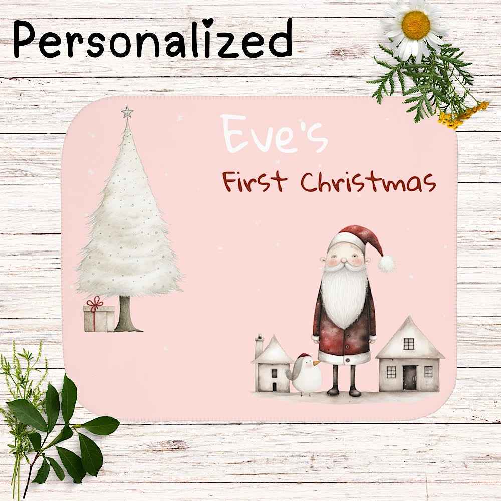 Personalized Baby’s First Christmas Blanket – Santa & Tree Photo Prop (Blush Pink) by IROHA-studio