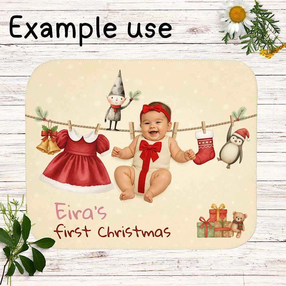 Personalized Baby’s First Christmas Blanket – Santa Dress Laundry Line Photo Prop by IROHA-studio