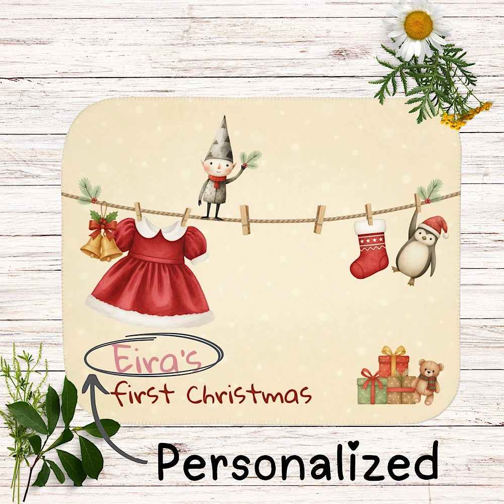 Personalized Baby’s First Christmas Blanket – Santa Dress Laundry Line Photo Prop by IROHA-studio