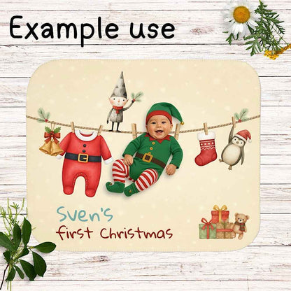Personalized Baby’s First Christmas Blanket – Santa Romper Laundry Line Photo Prop by IROHA-studio