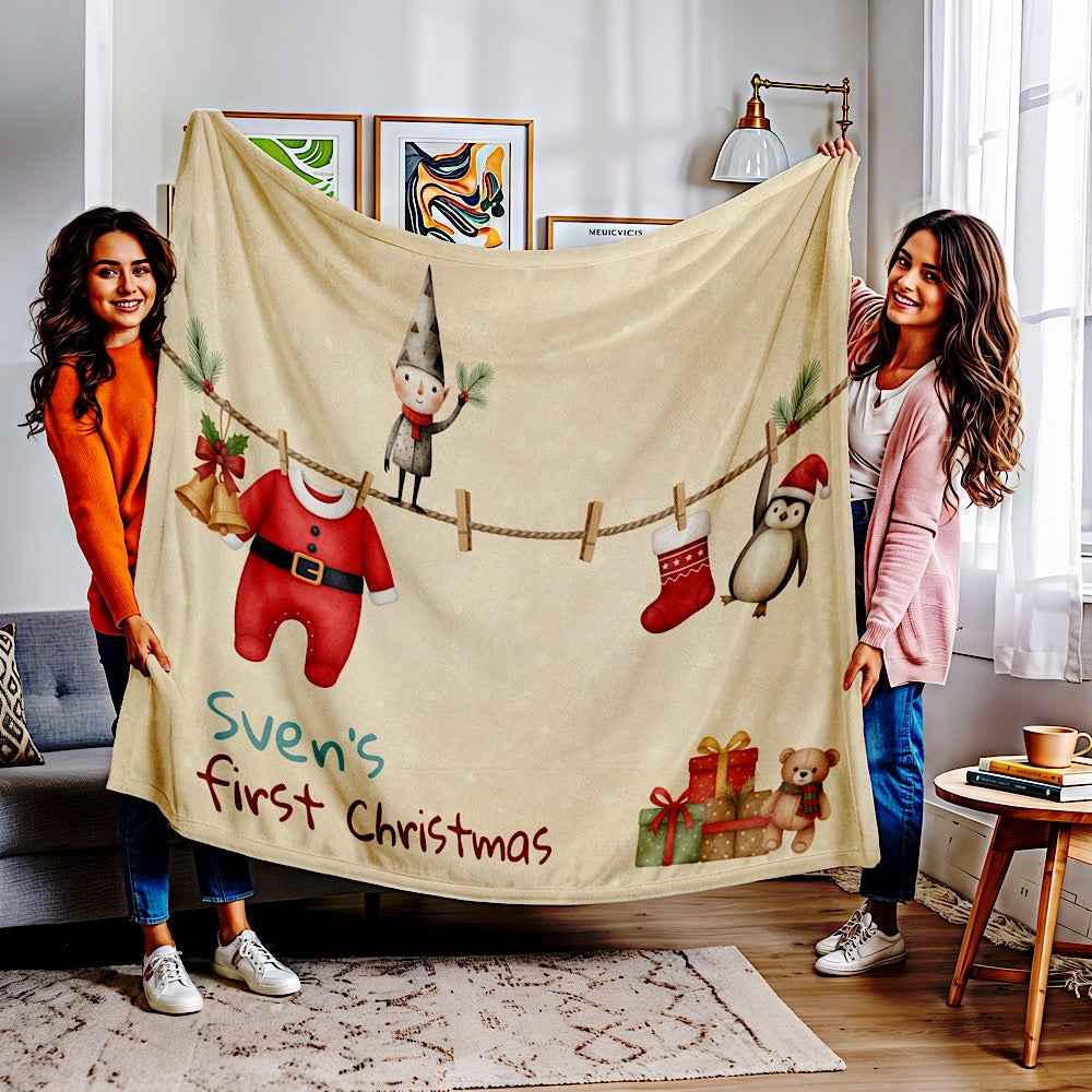 Personalized Baby’s First Christmas Blanket – Santa Romper Laundry Line Photo Prop 50" × 60" by IROHA-studio